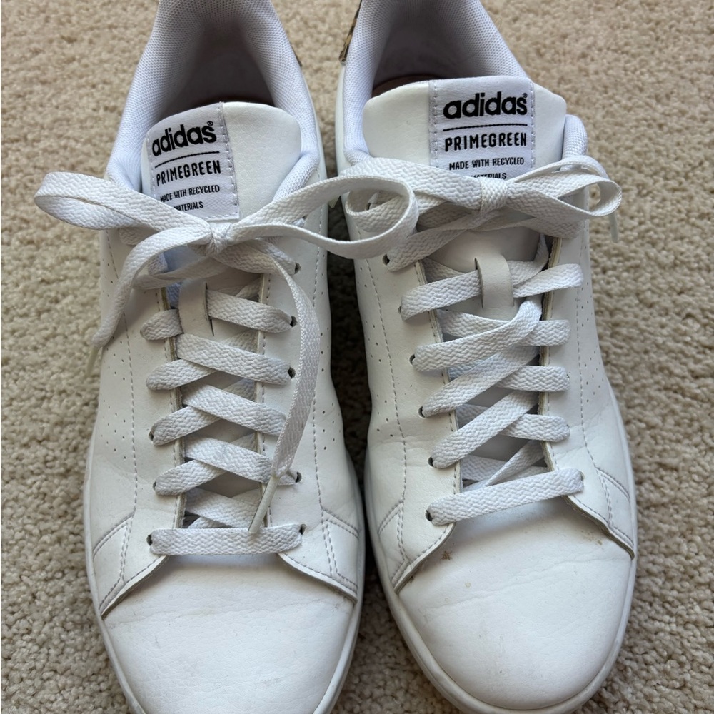 Adidas Primegreen White Lace-Up Sneakers- Advantage Perforated Stripe Sneaker